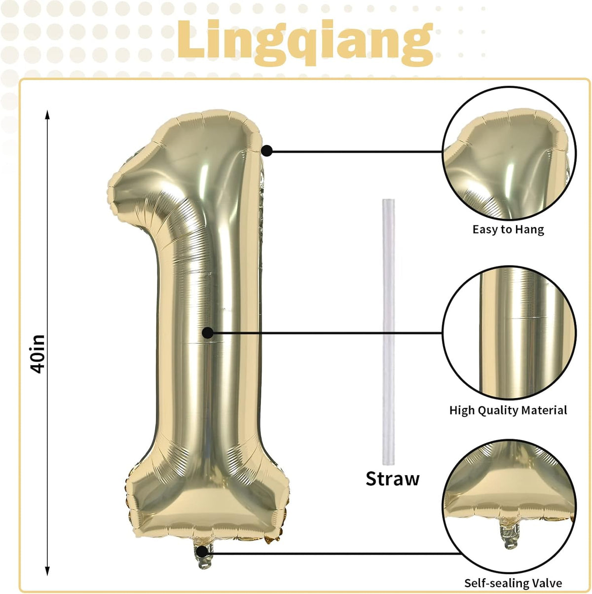 Champagne Gold Number 1 Balloons, 40 In Large Light Gold Number 1 Foil Helium Balloons for Girls