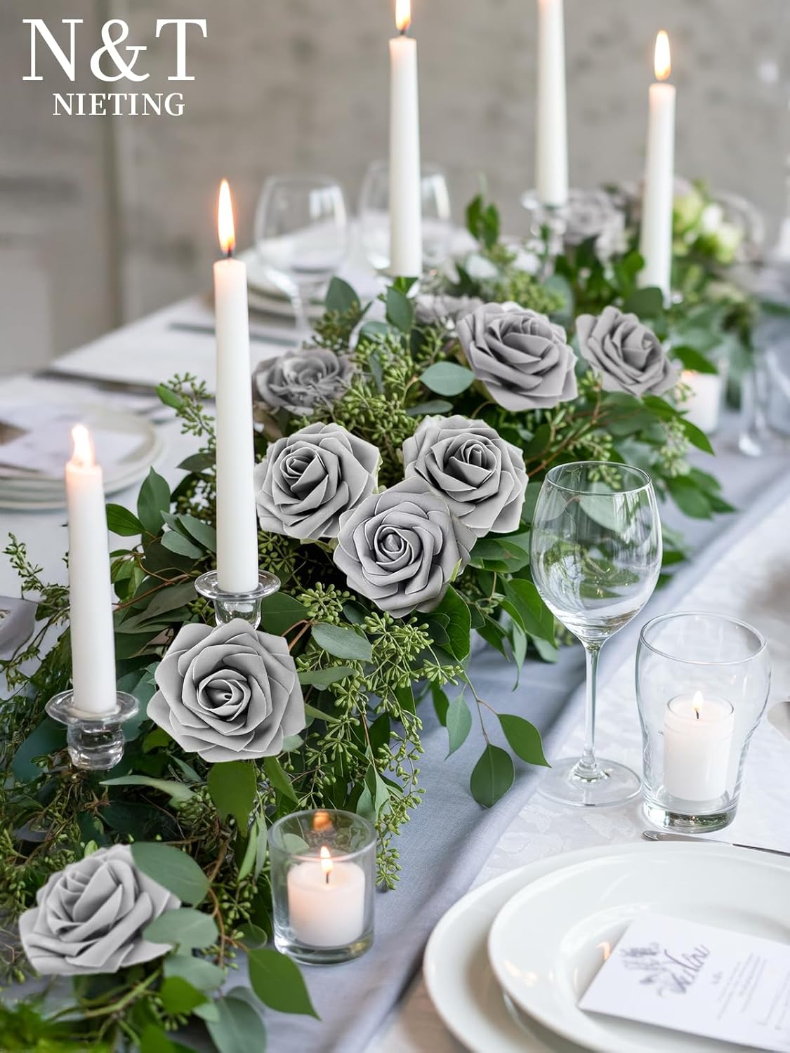 N&T NIETING Artificial Rose, 25pcs Gray Fake Foam Flowers with Stems for Wedding Party Baby Shower