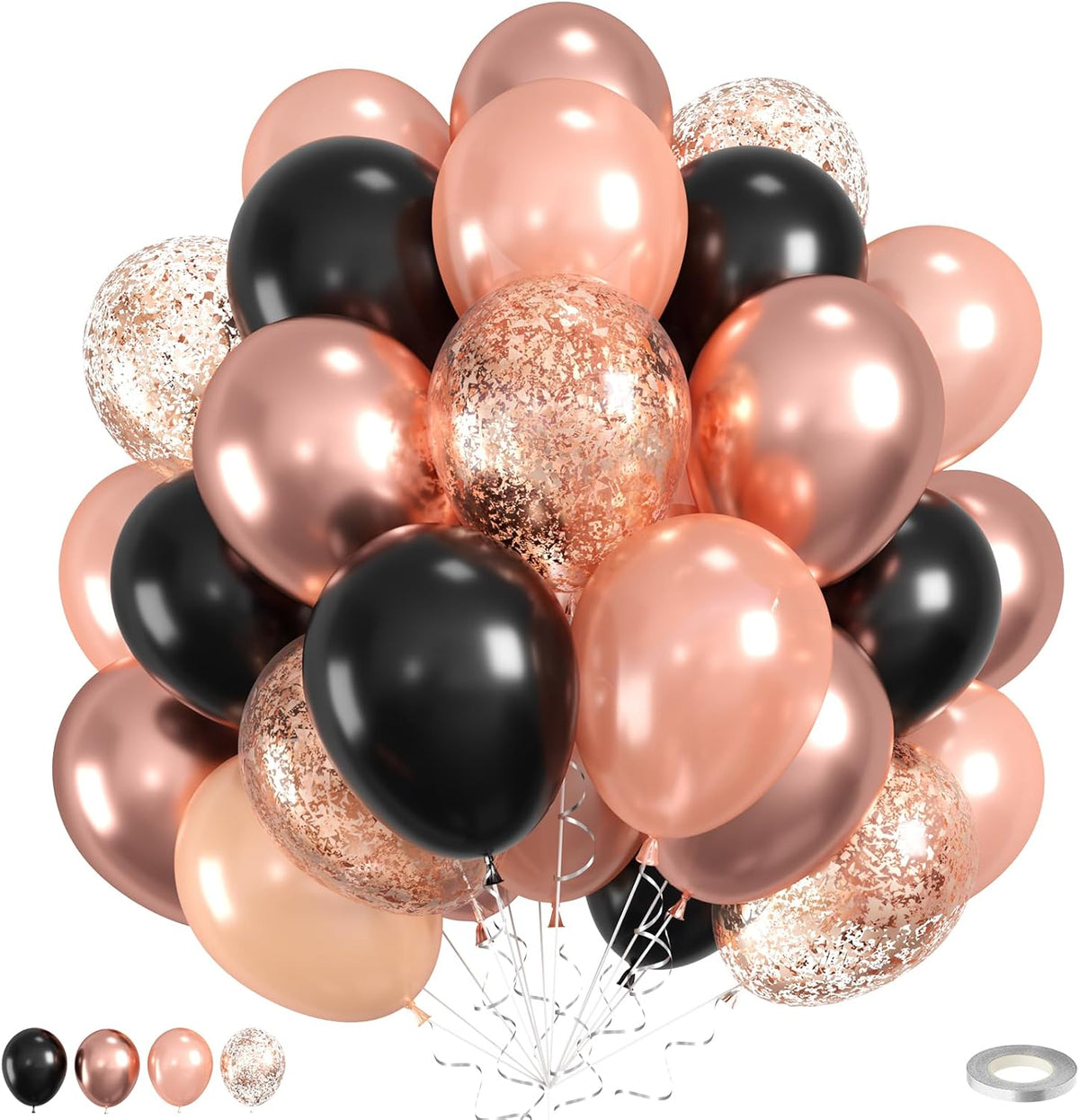 Black Rose Gold Balloons, 60pcs Rose Gold And Black Balloons, Metallic Pearl Matte Confetti Balloon