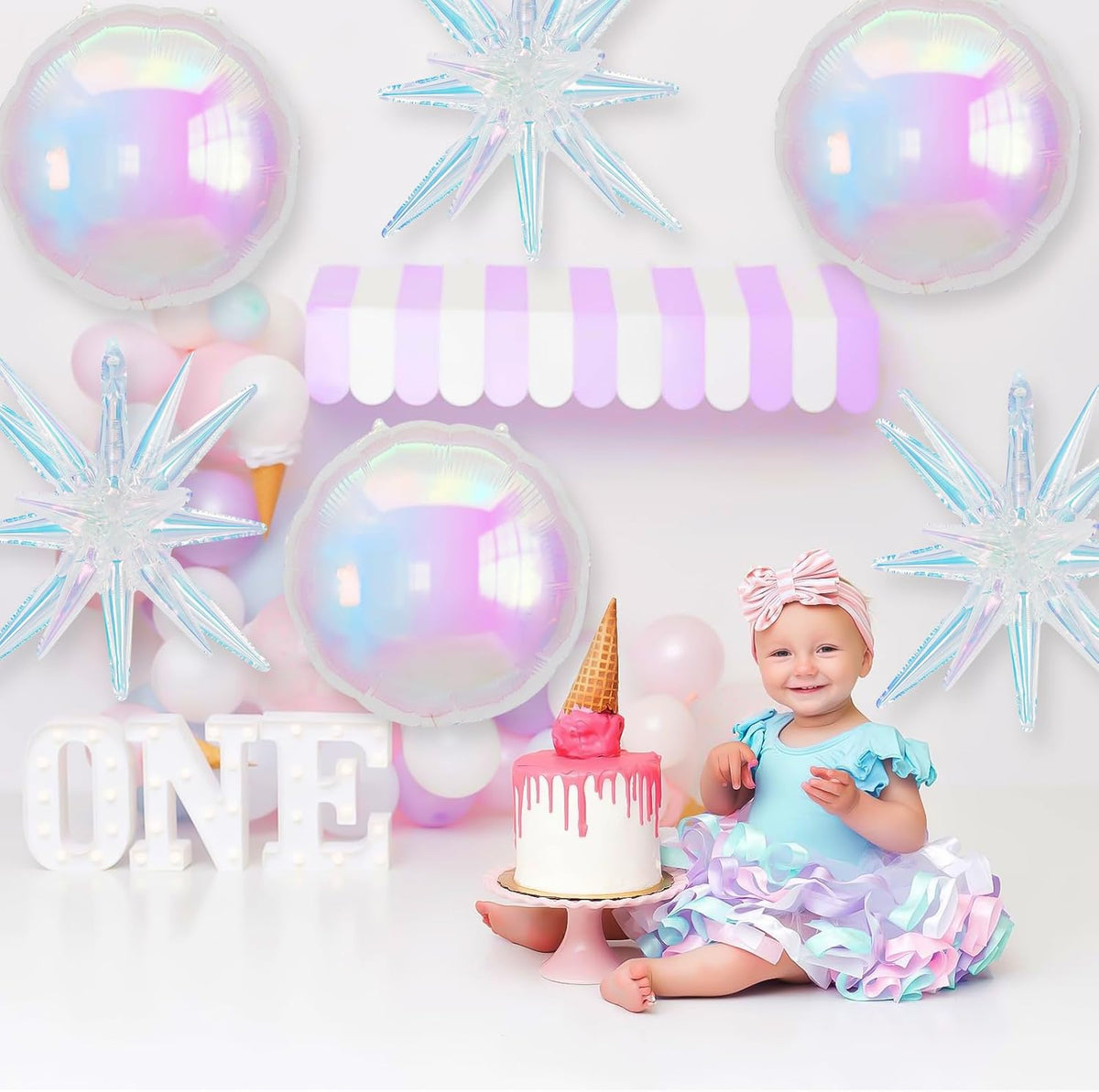 6Pcs Iridescent Foil Balloons, 22in Round Shaped Balloons and Explosion Star Iridescent Balloon
