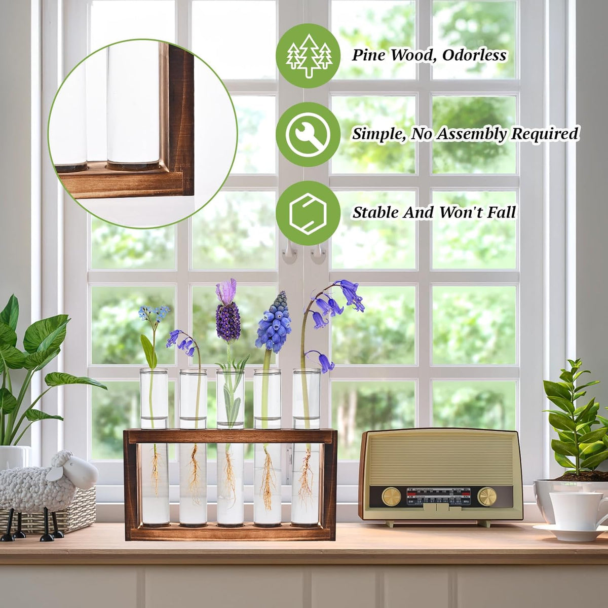 2pcs Desktop Glass Plant Propagation Station with 10 Test Tubes in Wooden Stand - Hydroponic Plants