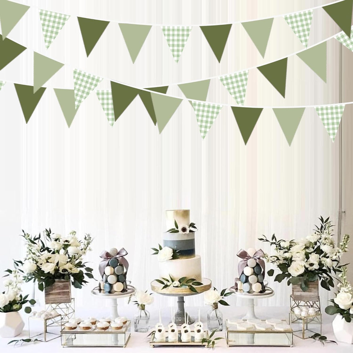 32Ft Sage Green Party Decorations Sage Gingham Banner Olive Green Buffalo Plaid Checkered Triangle
