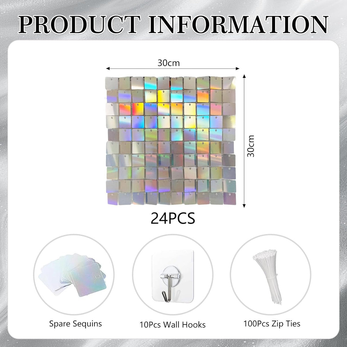 24PCS Colorful Shimmer Wall Backdrop, Square Sequin Backdrops Panel, Glitter Wall Background for