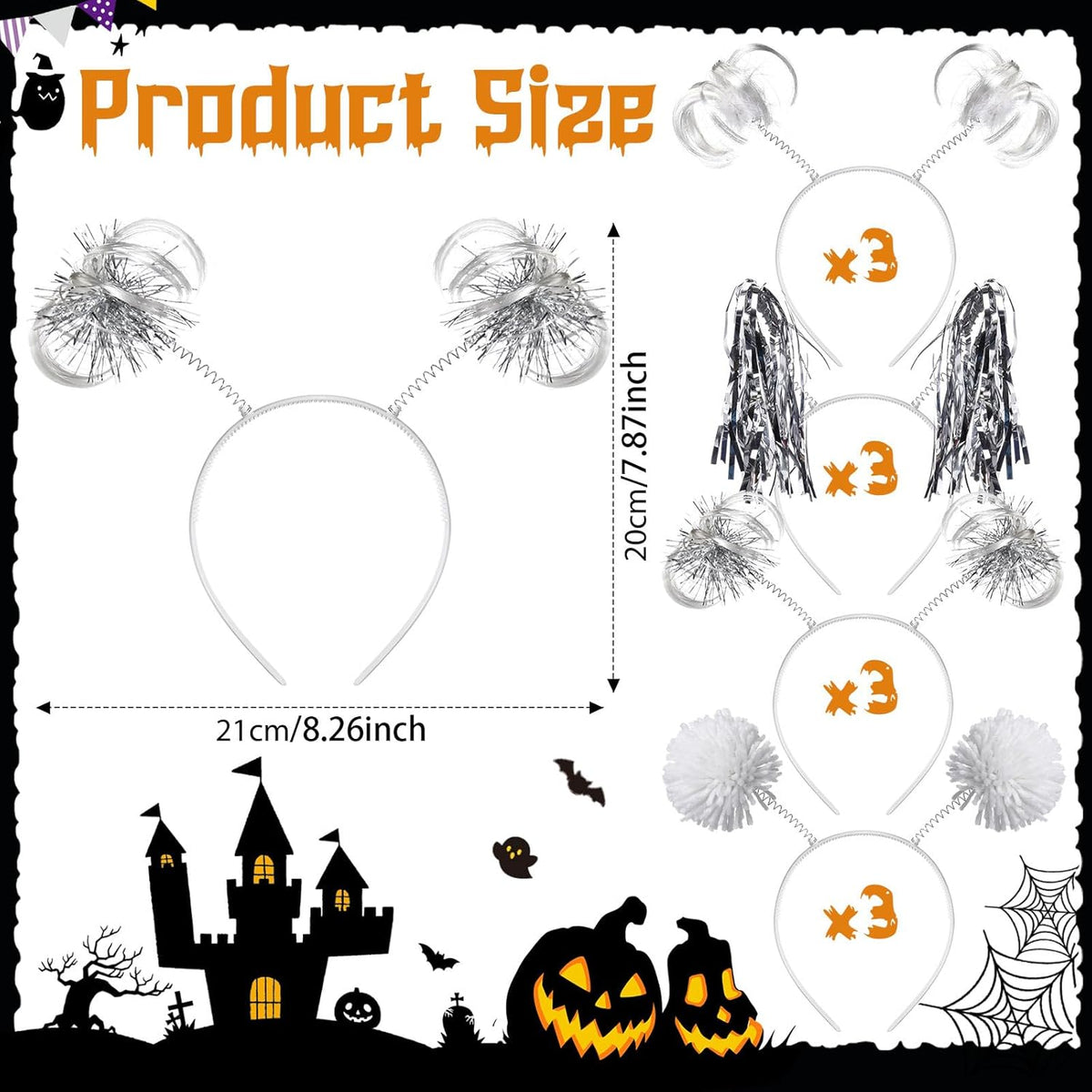 Censen 12 Pcs Halloween Pom Pom Party Headbands Tinsel Ponytails Spirit Head Bopper Headwear for