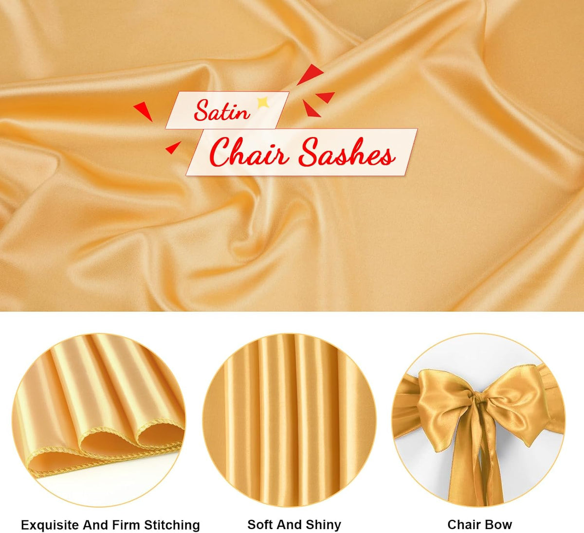 10 PCS Gold Satin Chair Sashes Bows Universal Chair Ribbon Ties Back Sash for Wedding Party