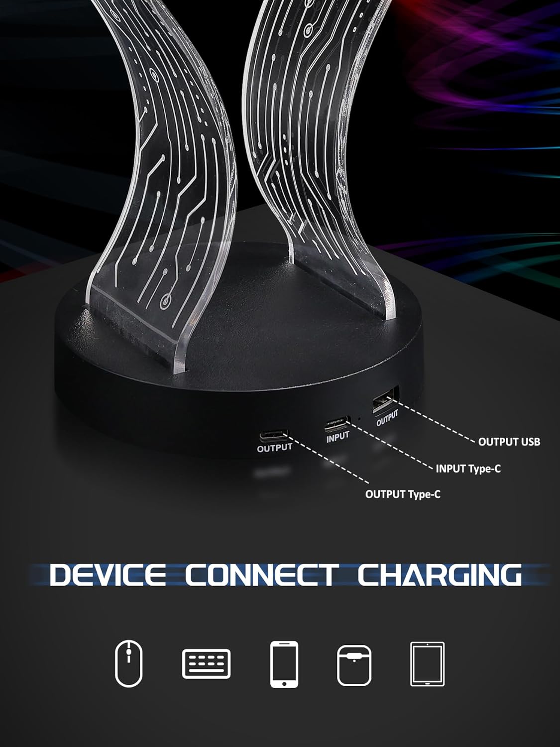 Light Up Headphone Stand with 16 Color Lights, PCB Pattern Acrylic Headset Stand with 1 USB and 1