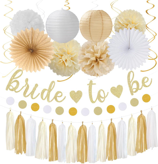 Champagne Gold White Bridal-Shower Party-Decorations - 31pcs Bride To Be Banner,Boho Neutral