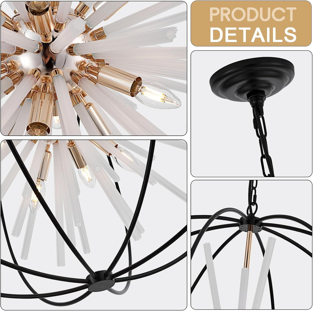 31.5" Black Gold 16-Light Globe Sputnik Chandelier Modern Industrial Adjustable Hanging Ceiling