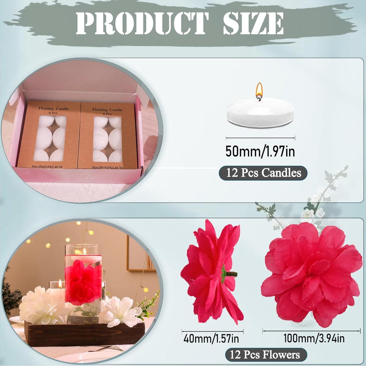24 Pcs Floating Candles for Centerpieces and Floating Flowers Artificial Flowers Head Vase Filler