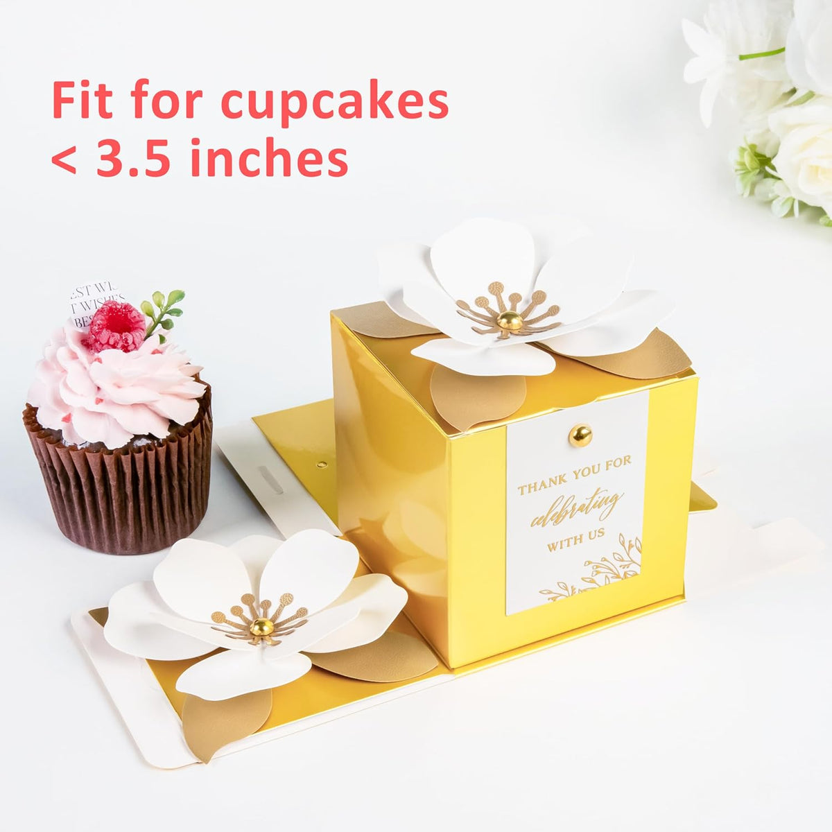 FEIYI 20 PCS Gold Gift Boxes, 3 In 1 Favor Boxes with Floral Decor, White Thank You Tags Cupcake