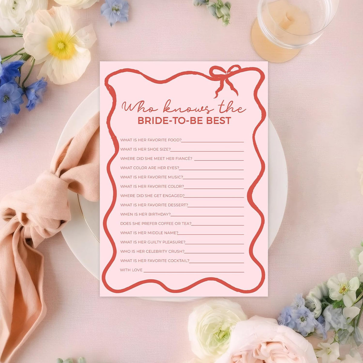 DEEKA 30 PCS Bridal Shower Games Card for 30 Guests Pink Wavy Border Ribbon Bow Funny Wedding