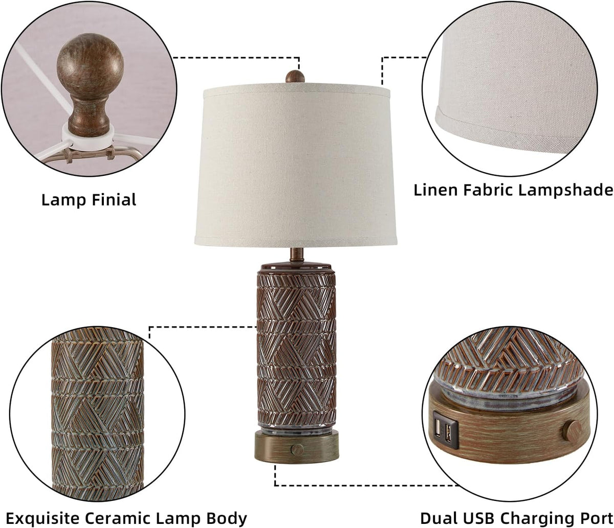 RORIA Set of 2 Farmhouse Table Lamps for Living Room Bedroom, 3 Way Dimmable Touch Nightstand Lamp