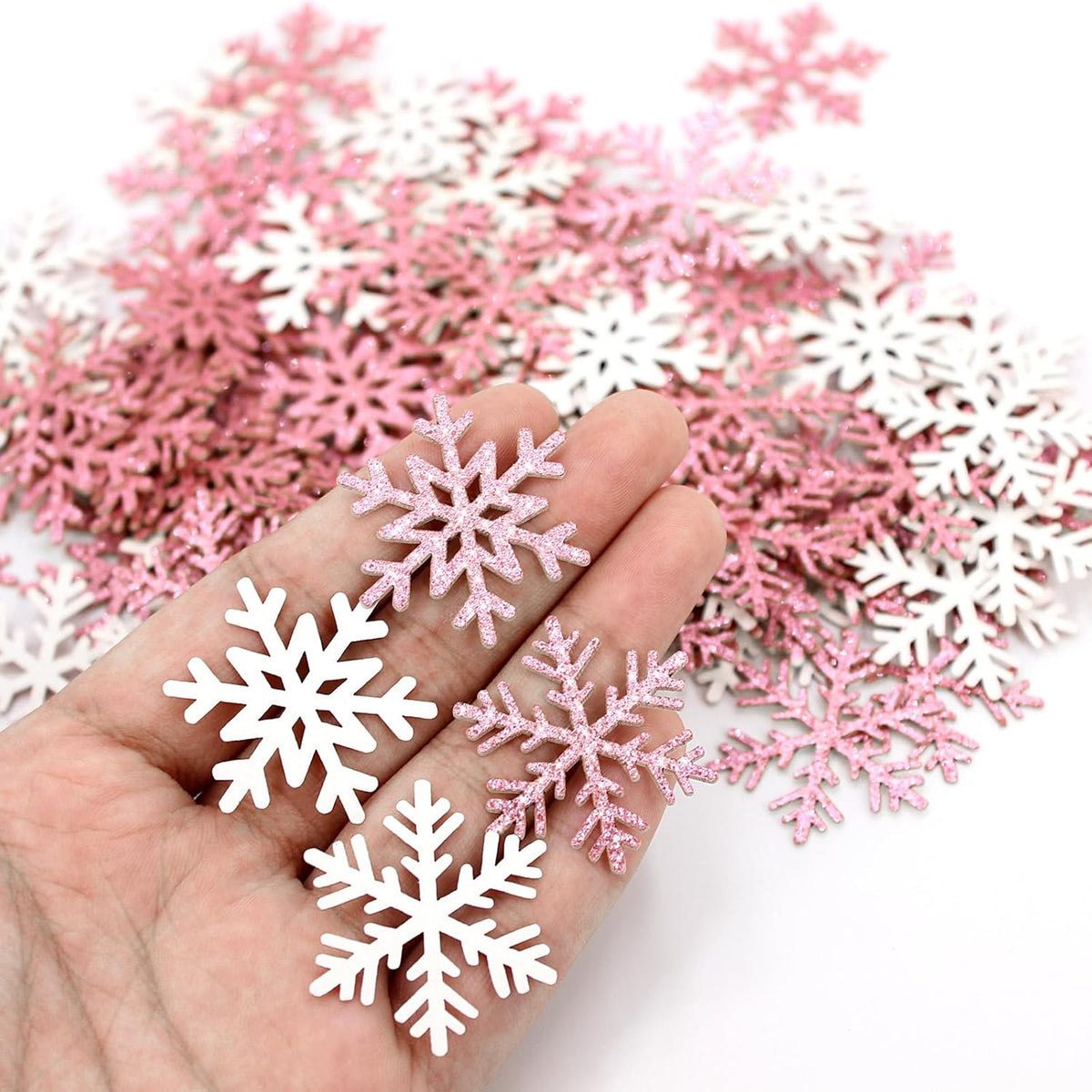 200PC Pink Glitter Snowflake Confetti Winter Onderland Decorations Paper Snowflakes Table Scatter