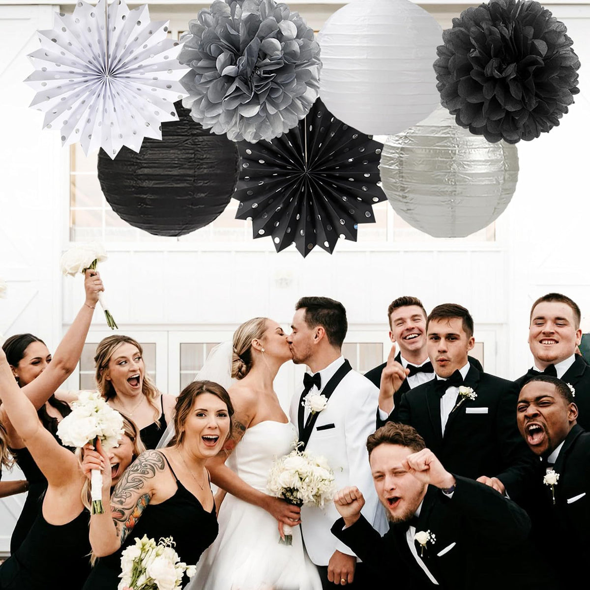 Black White Silver Party Decorations - 20pcs New Year Men Birthday Paper Lanterns Fans,Tissue Pom