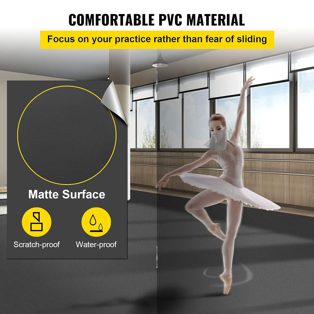 VEVOR Dance Floor Roll - 6.6x9.8ft, 0.06in Thick PVC Vinyl, Black/Grey Reversible, Non-Slip, Ballet