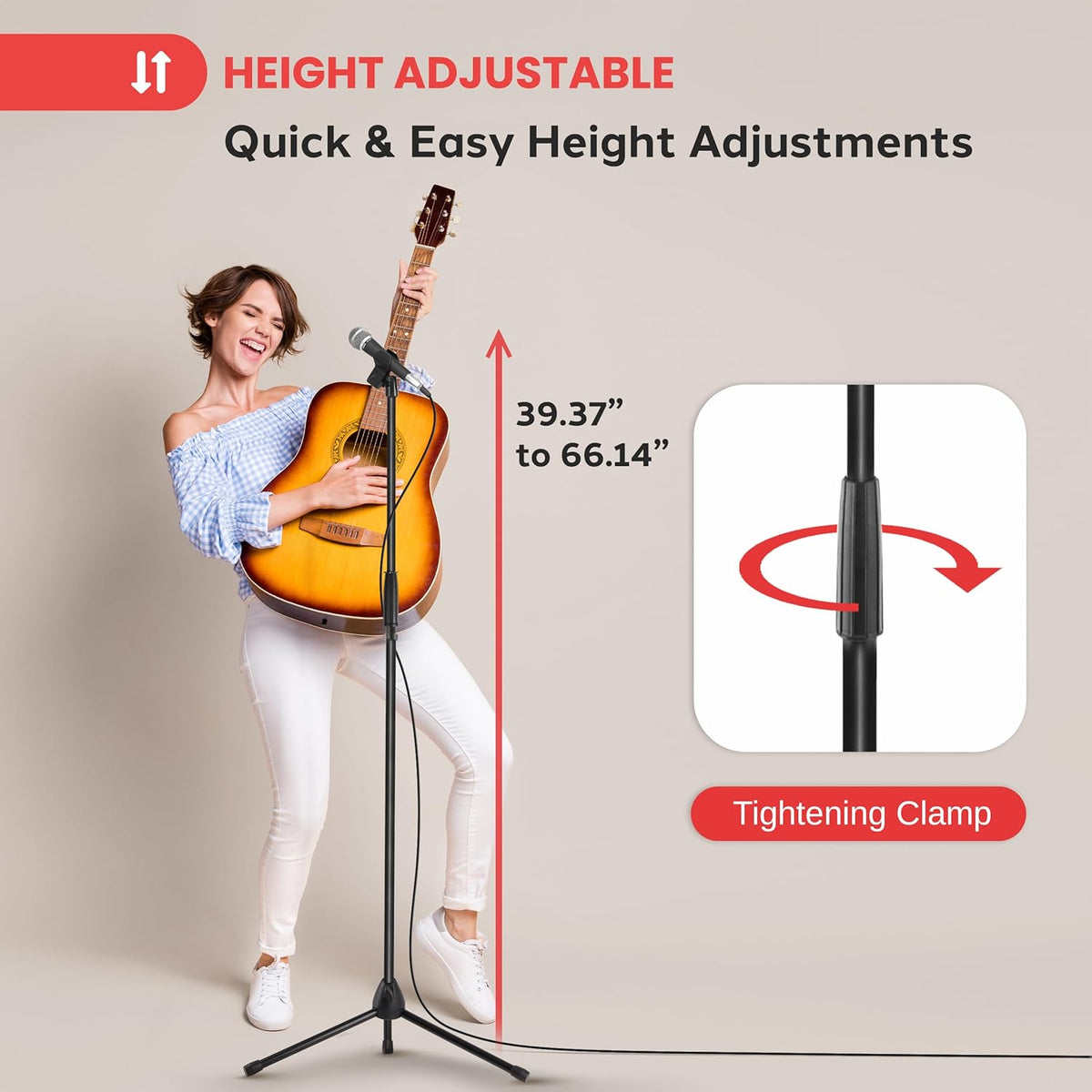 Pyle Tripod Microphone Stand, Height Adjustable from 39.37" to 66.14'', Mic Stand for Floor, Sturdy