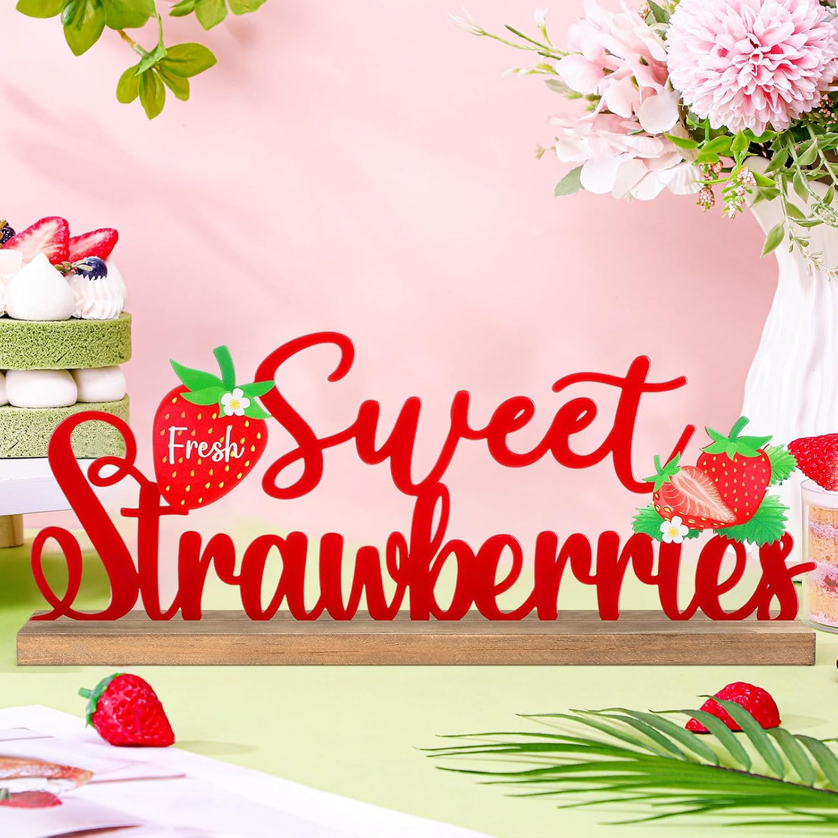 Fresh Sweet Strawberries Metal Sign Rustic Table Decor Summer Tiered Tray Decor with Wooden Base