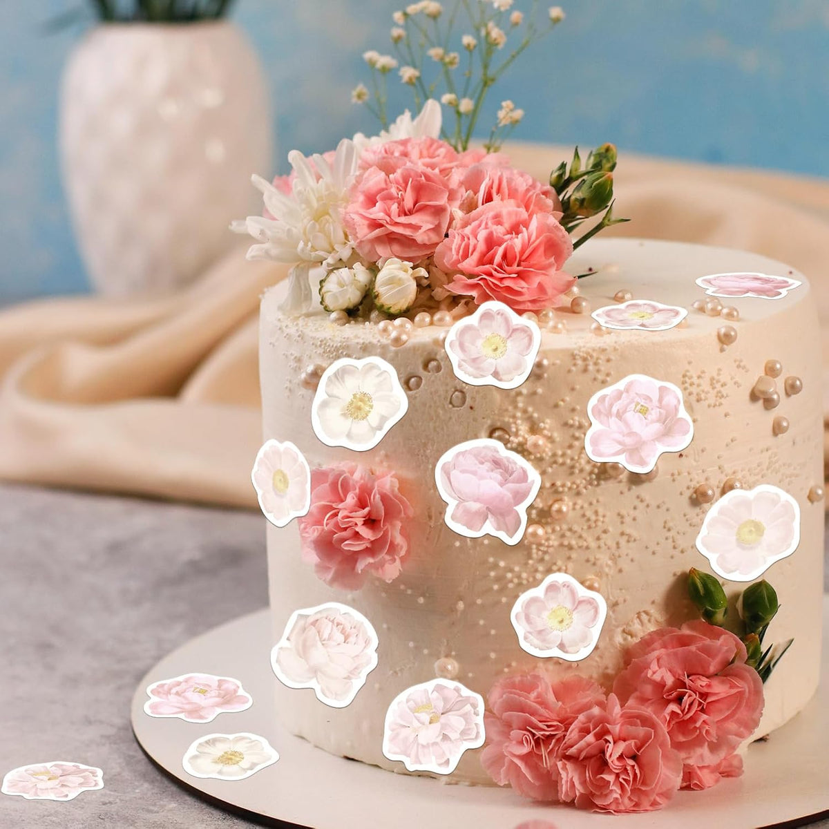 48PCS Edible Rose Flowers Cupcake Toppers Edible Pink Rose Flowers Cupcake Decor Wafer Paper