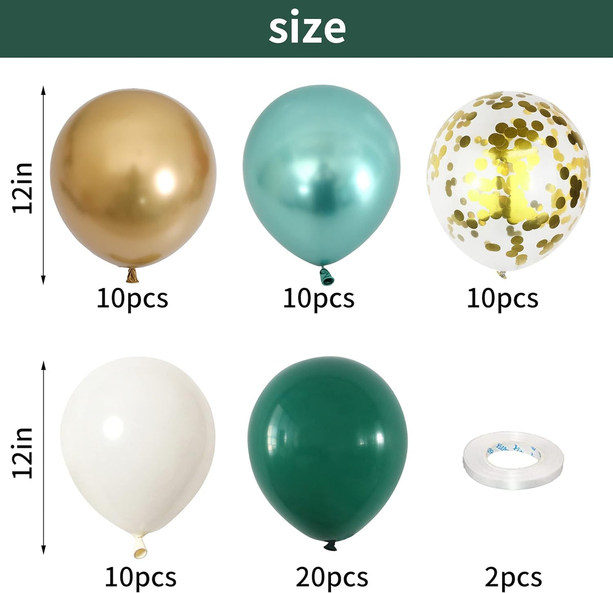 Metallic Green Gold Balloons, 60 Packs 12 Inch Dark Green White Gold Latex Balloons with Ribbons