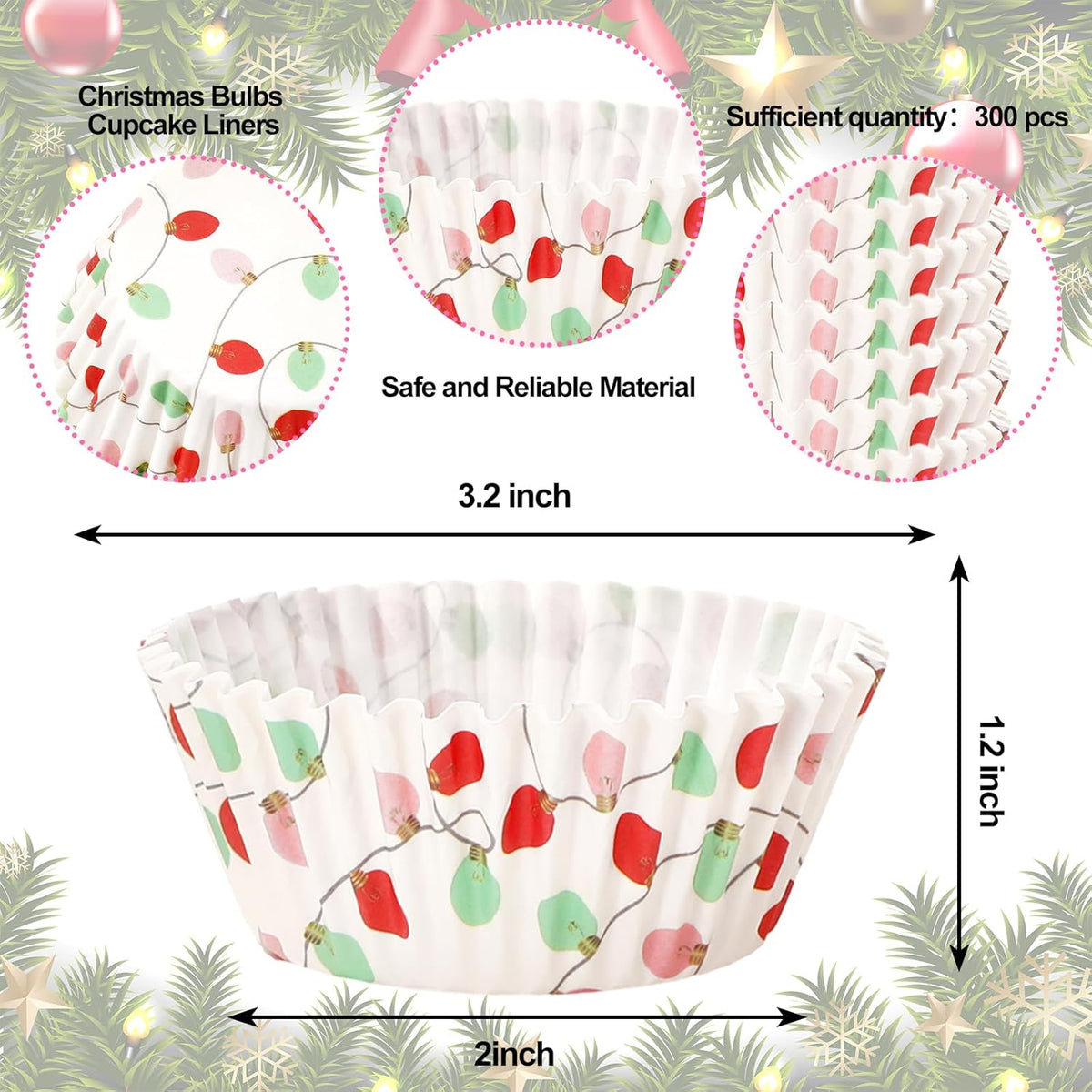 Whaline 300Pcs Christmas Paper Baking Cups Light Bulb Cupcake Liners Xmas Winter Muffin Liner Cake