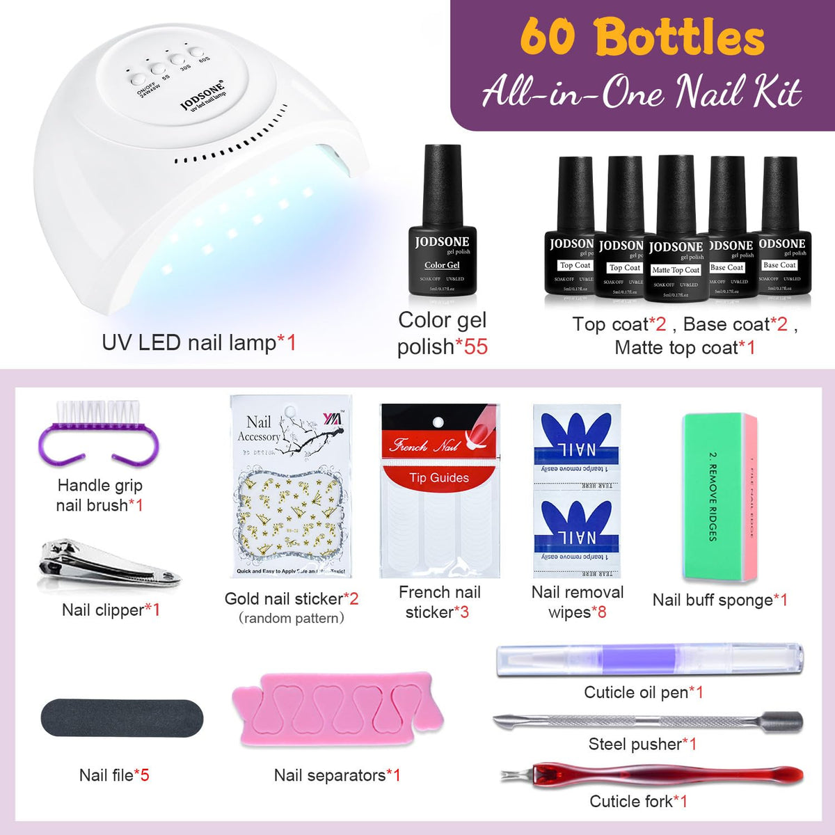 JODSONE Gel Nail Polish Kit 60 PCS with U V Light Soak off Base Top Coat 55 Shine Colors Gel Nail