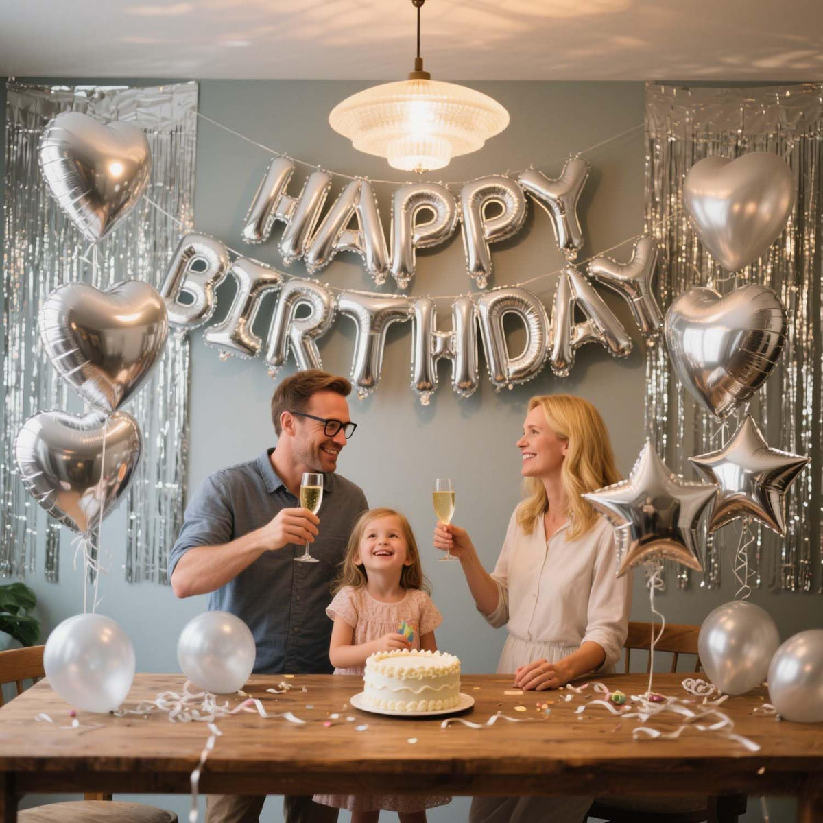 29 Pcs Silver Birthday Party Decorations - Happy Birthday Balloons Banner Silver, Heart & Star Foil