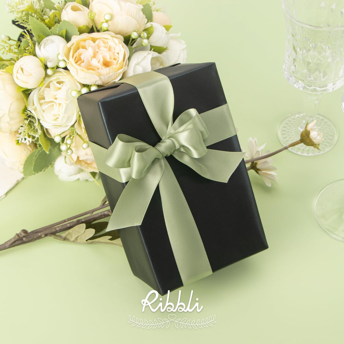 Ribbli Dusty Sage Satin Ribbon Double Faced Satin 1 Inch x Continuous 25 Yards-Sage Green Ribbon