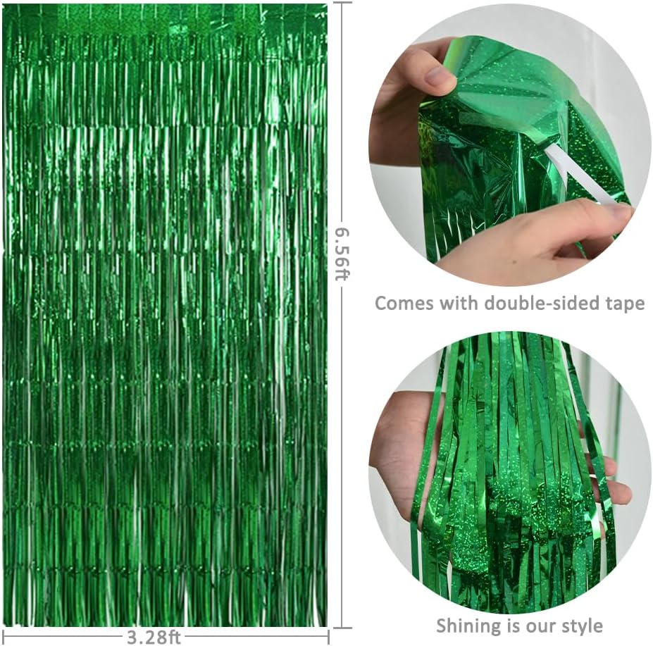TONIFUL 3Pcs Laser Green Door Streamers, Metallic Streamers Foil Fringe Curtains for Birthday
