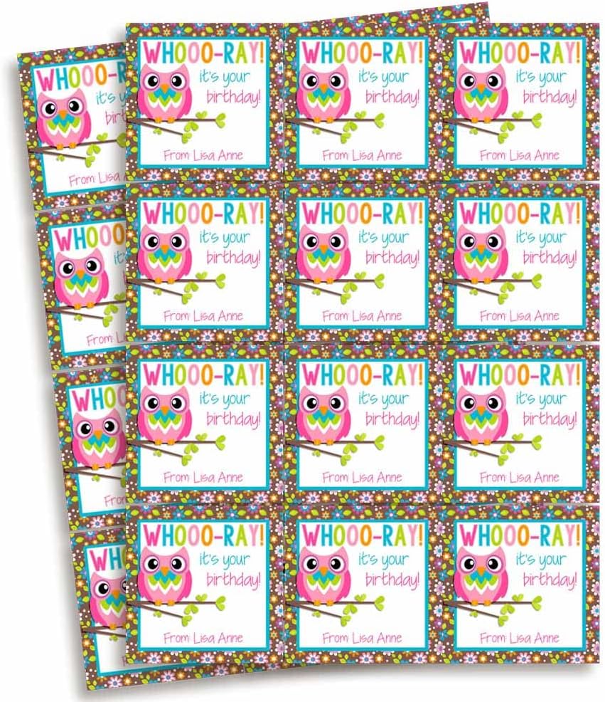 Custom & Personalized Colorful Floral Owl Happy Birthday Gift Tag Sticker Labels, 24 2.5" Square