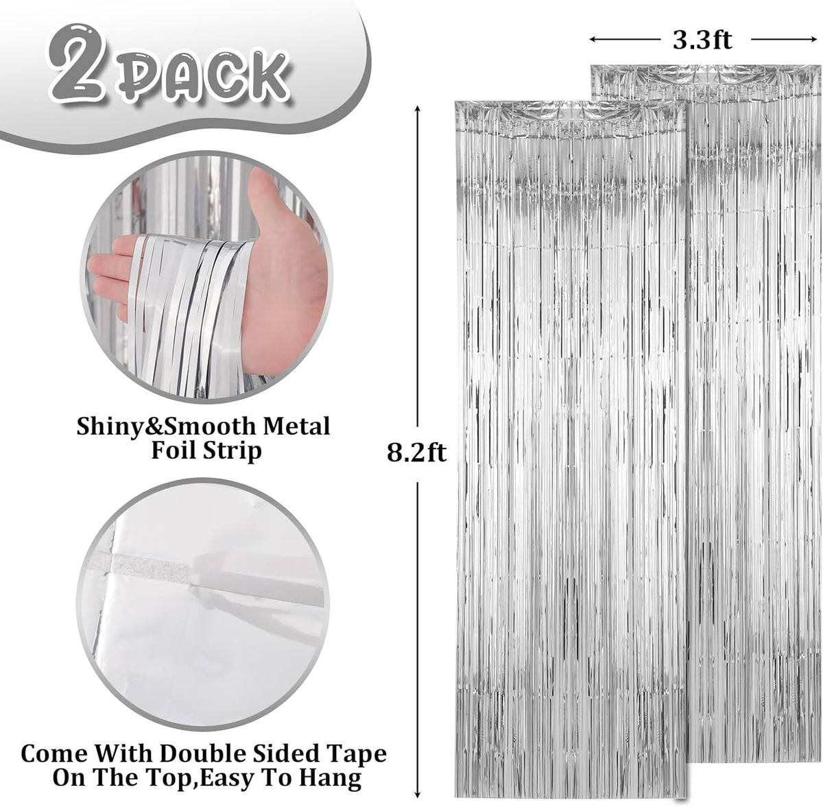 2 Pack Silver Foil Fringe Backdrop Curtains, Tinsel Streamers Birthday Party Decorations, Fringe