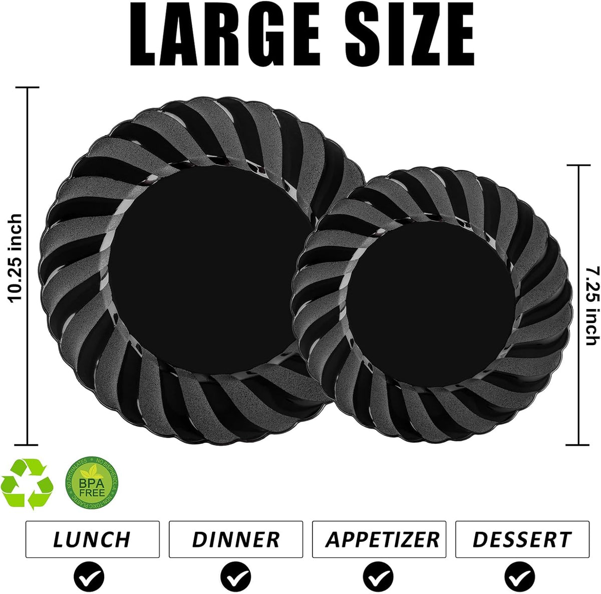 U-QE 60 Pcs Black Plastic Plates for Party – Scalloped Plastic Plates Heavy Duty – Include 30
