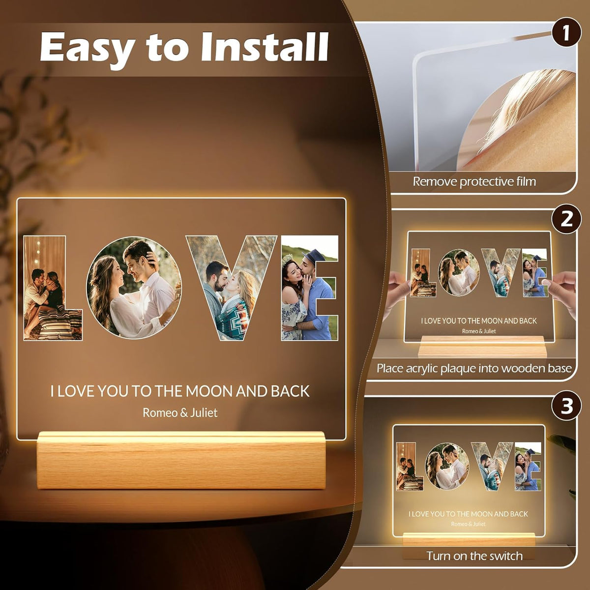 Custom Picture Frames with Photo, Personalized LOVE Photo Frame with Night Light, Customized