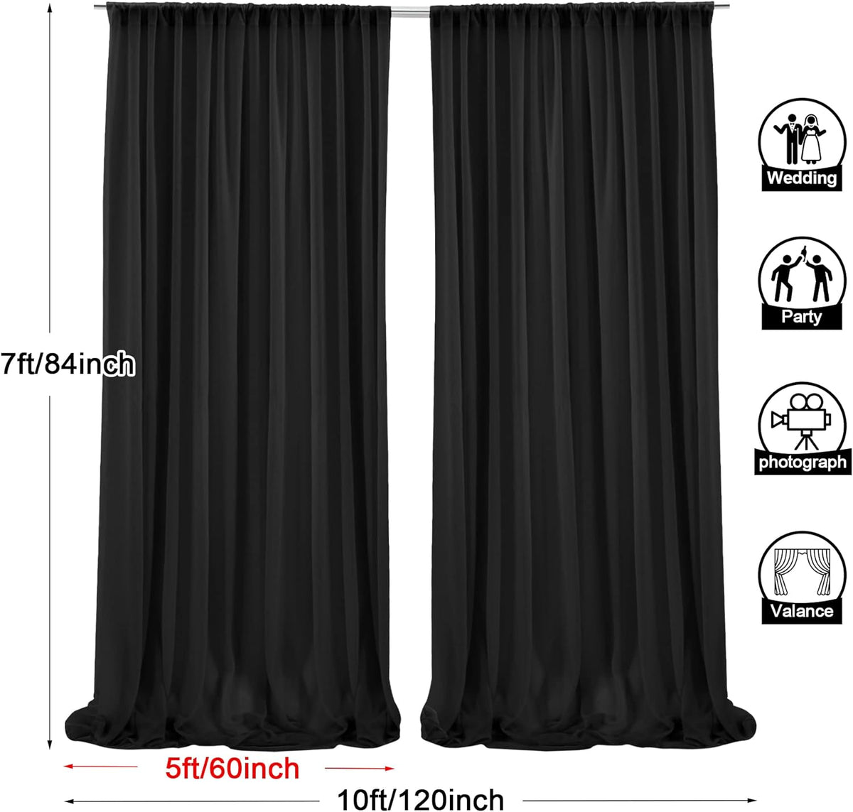 PARTISKY 10ftx7ft Black Chiffon Backdrop Curtains, Wrinkle-Free Sheer Fabric Photo Drapes for