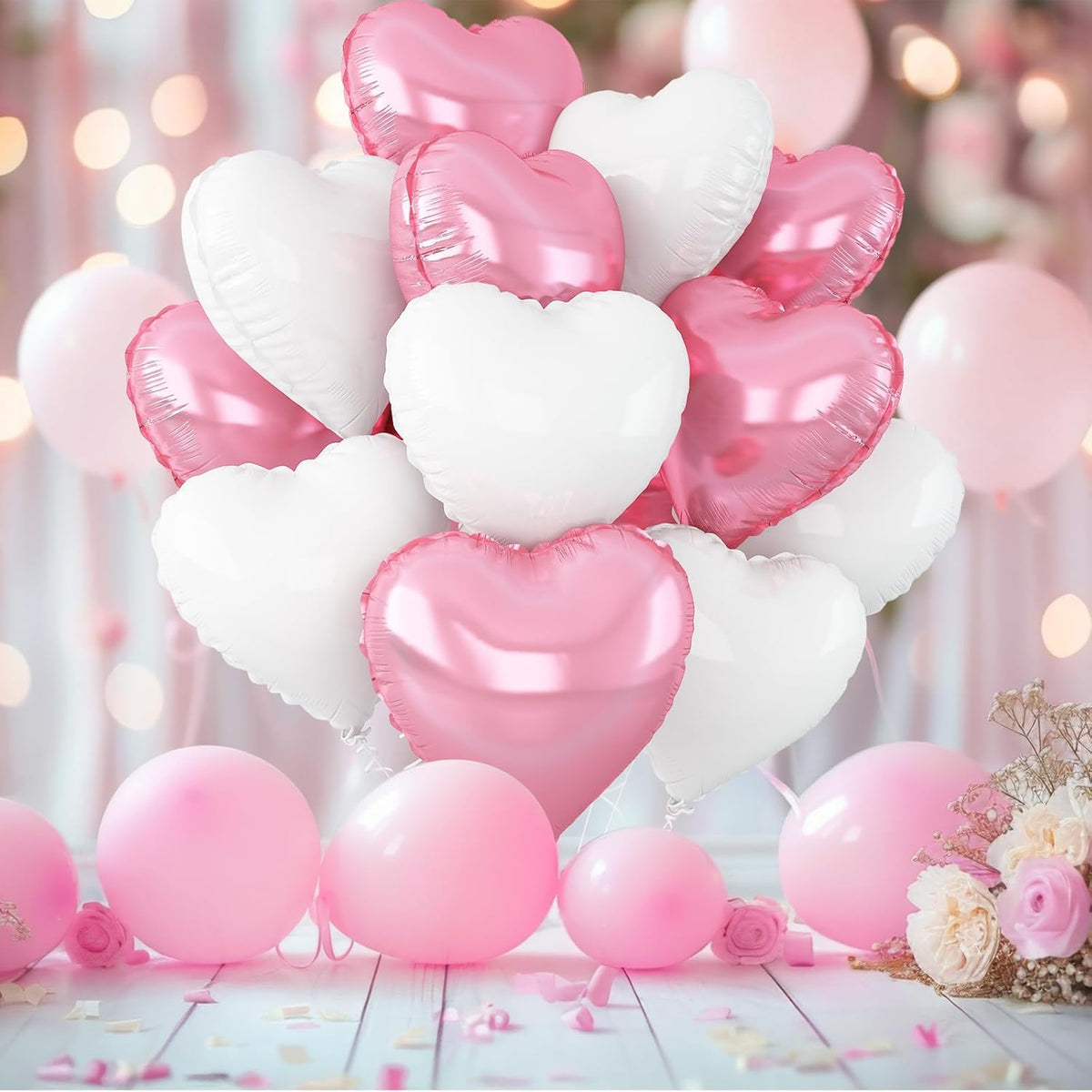 Pink White Heart Balloons,12Pcs Light Pink Heart Shaped Foil Balloons,18Inch White Helium Polyester