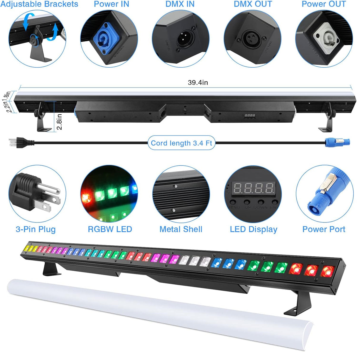 LED Stage Wash Light Bar - OPPSK 120W 36LEDs RGBW DMX Light Bar with Detachable Cover Chasing