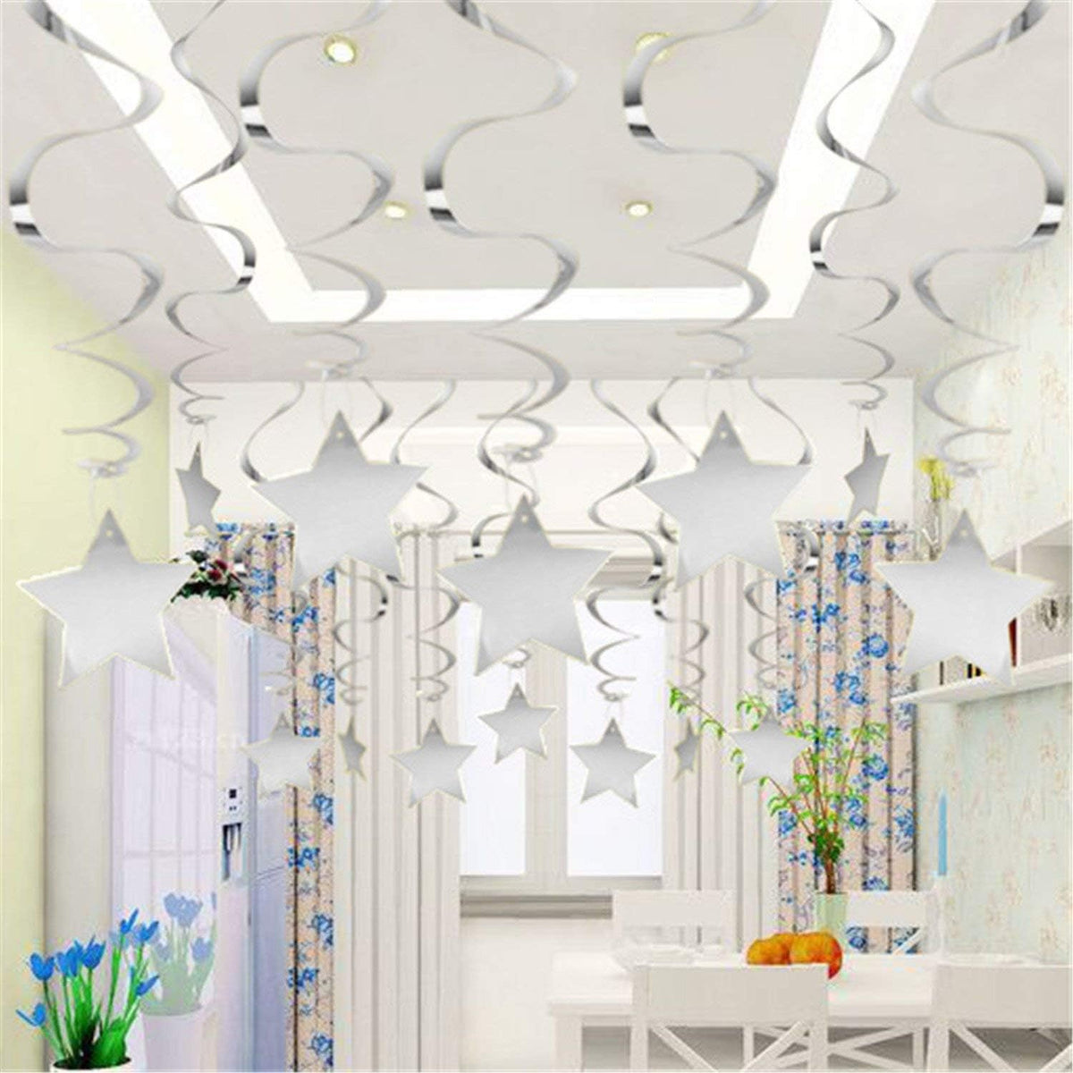 BEISHIDA Silver Star Hanging Swirl Decorations,Hanging Silver Party Supplies for Graduation Wedding