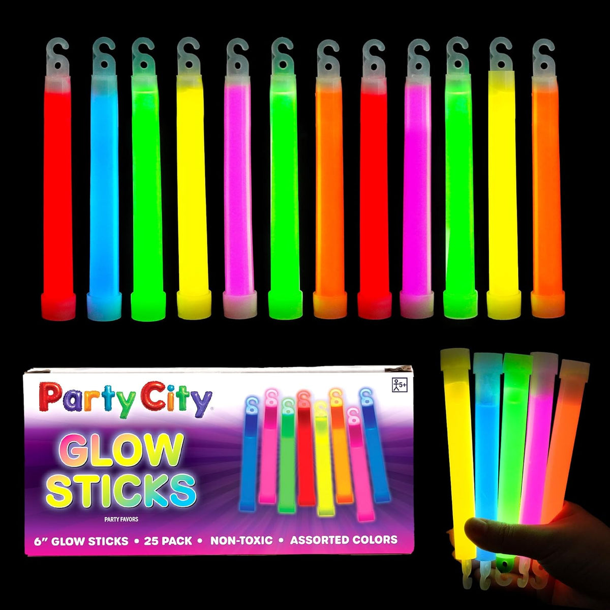 Party City Multicolor Glow Sticks Bulk Pack 6”- 25pk Glow in the Dark Sticks for Kids, Waterproof