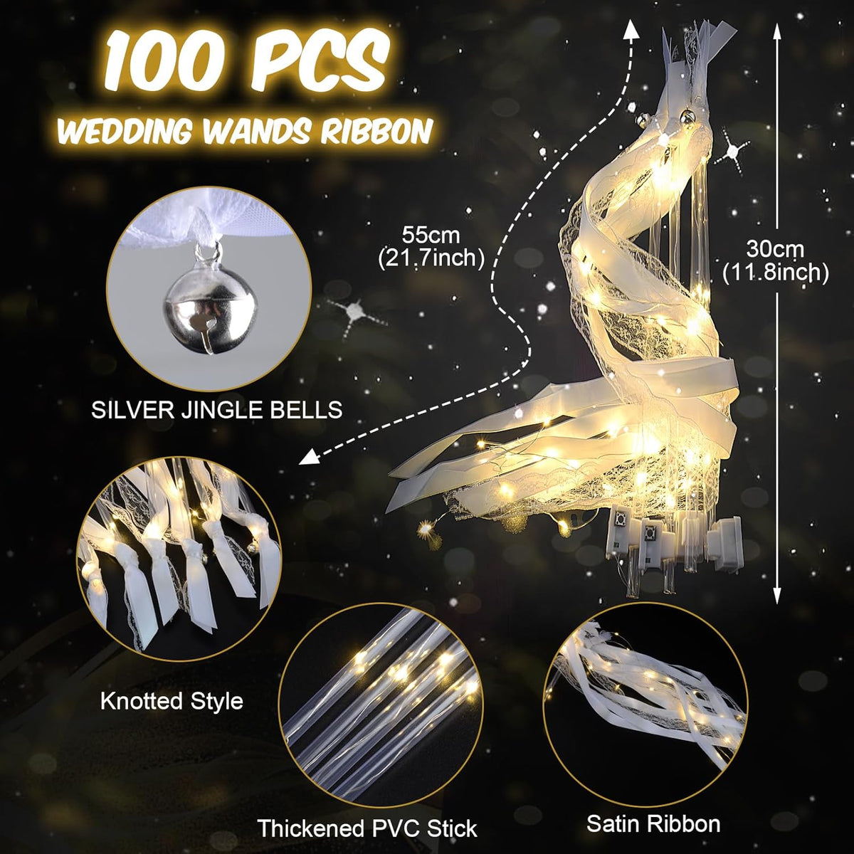 100PCS Light up Wands for wedding, Wedding Wands Streamers with 3 Colorful Flashing Modes, Fairy