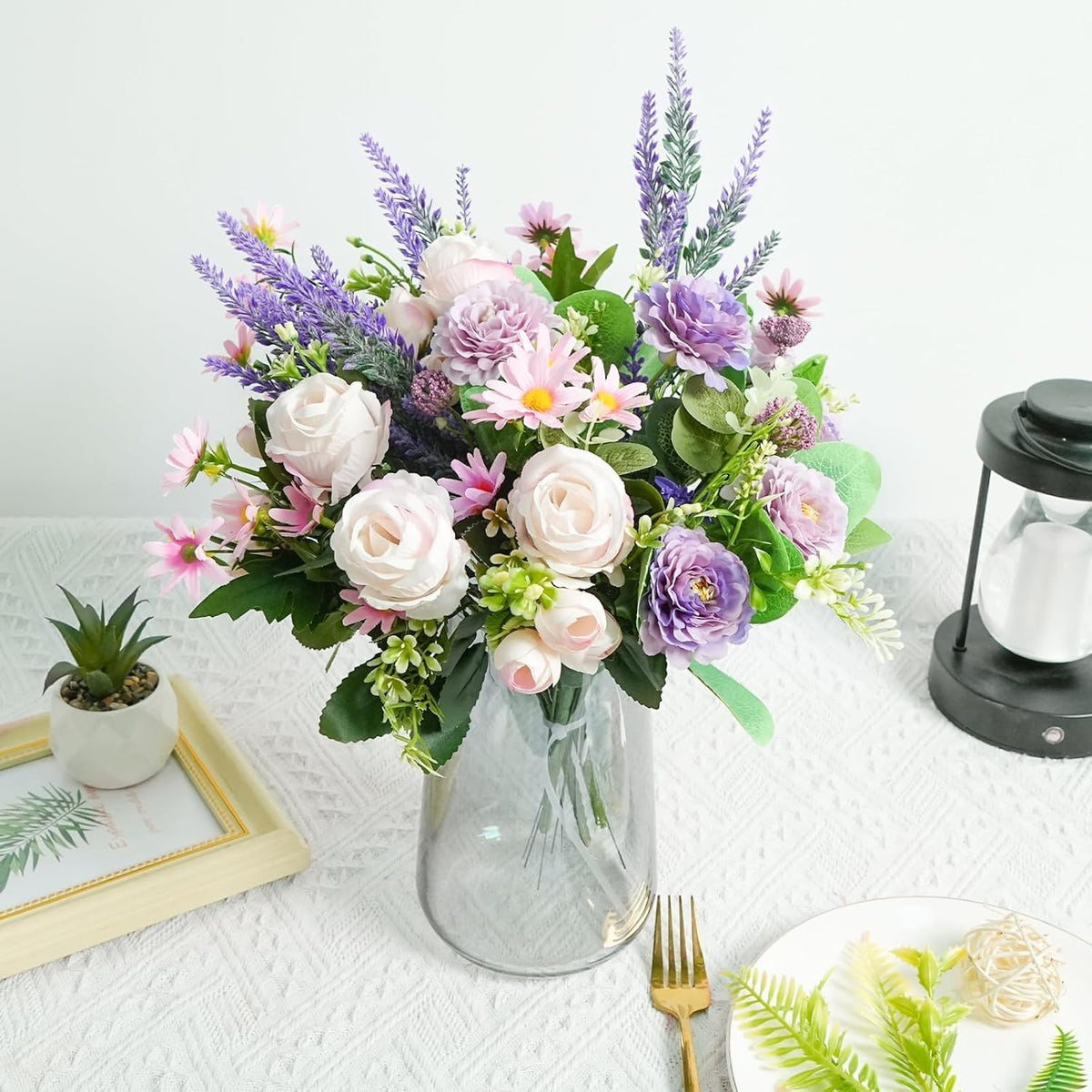 Fake Flowers Purple Artificial Silk Flower Bouquet Faux Flowers for Vase with Rose Peony Daisy for