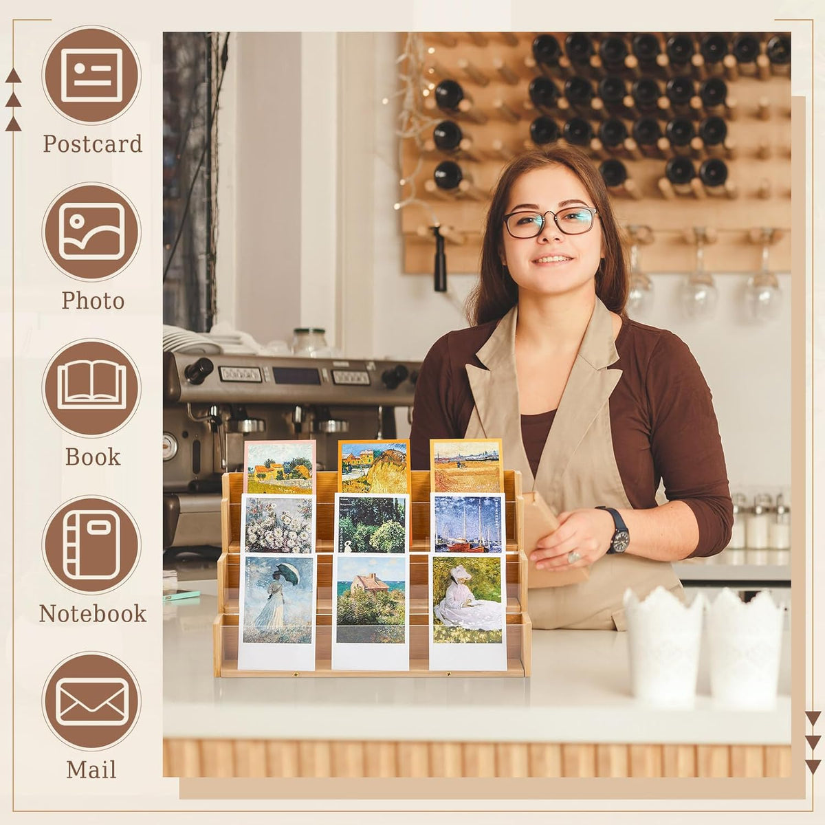 3 Tier Greeting Card Display Stand Wood Color Bamboo and Acrylic Sticker Display Stand Trading Card