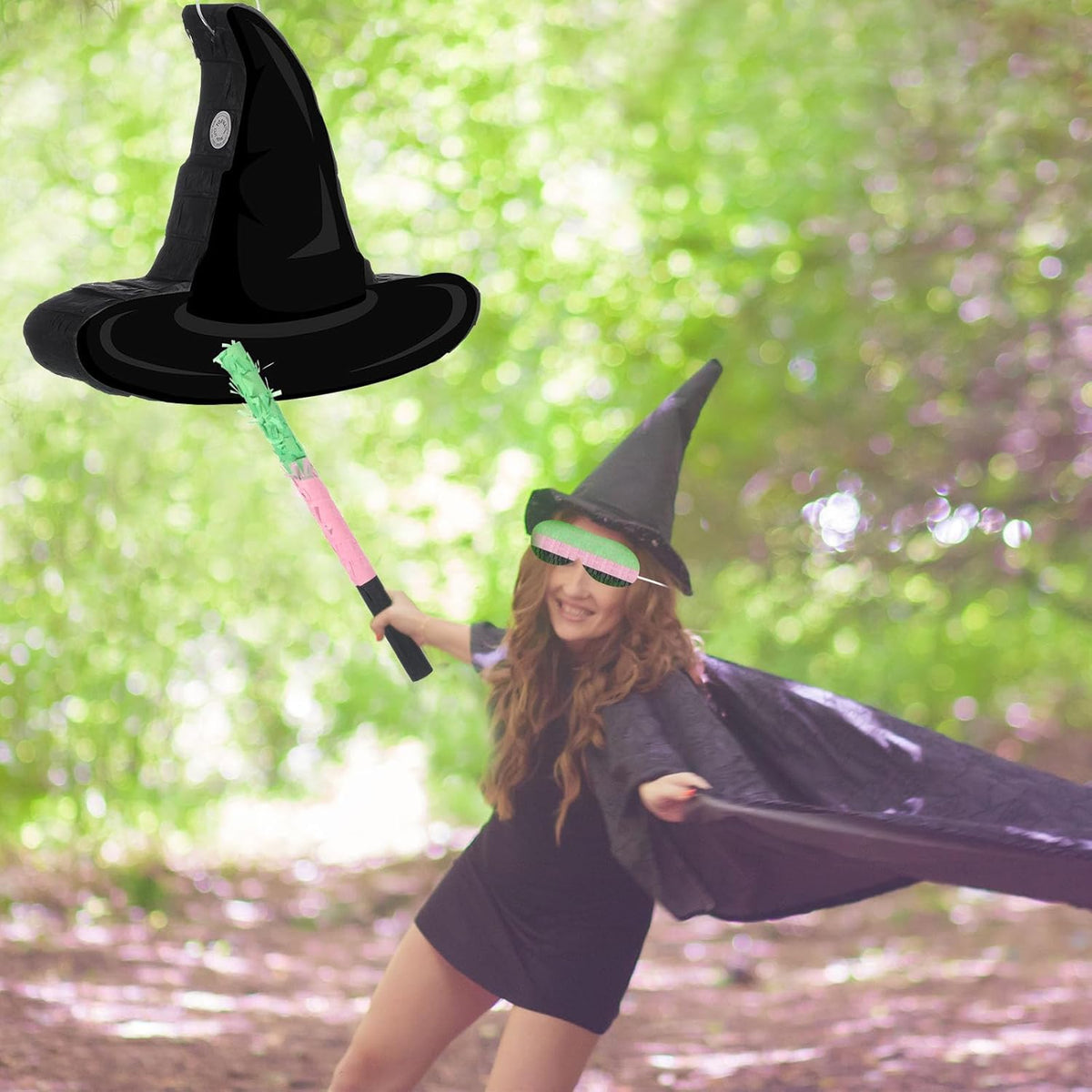 Kasyat Witch Hat Piñata Party Game Set Halloween Theme Piñata with Bat Stick Blindfold Pink Green