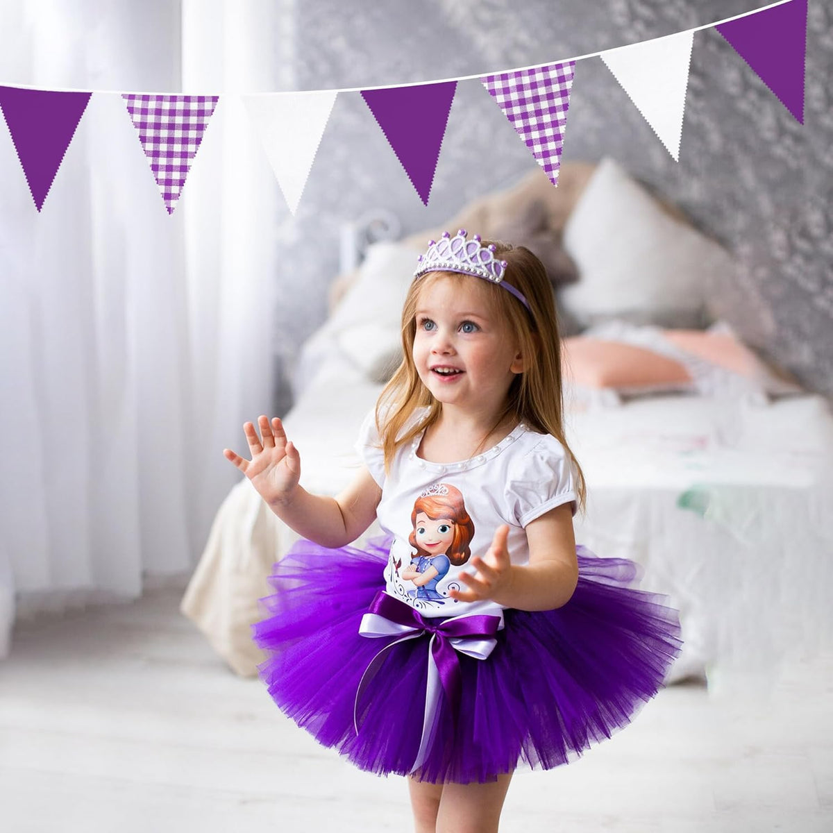 32Ft Purple Party Decorations Purple Buffalo Plaid Checkered White Triangle Flag Gingham Pennant