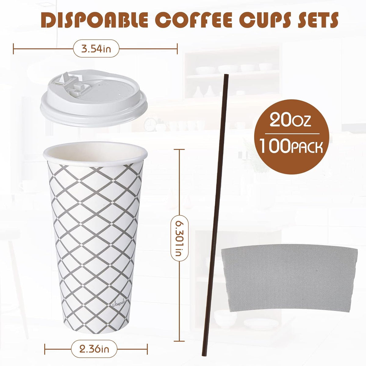 LITOPAK 100 Pack 20 oz Paper Coffee Cups with Lid, Sleeve, and Straws, Four Designs of Disposable