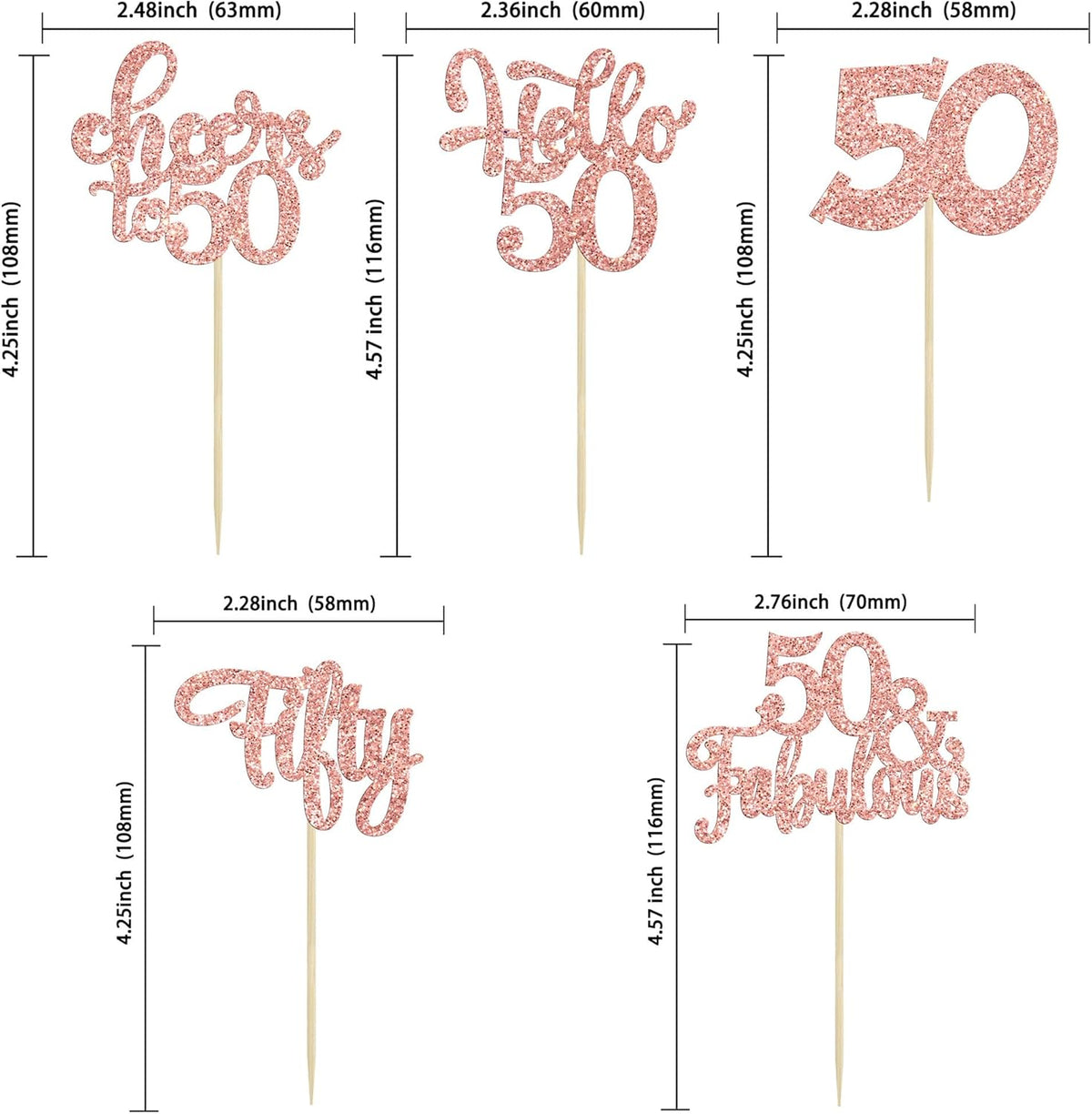 30Pcs Happy 50th Birthday Cupcake Toppers Rose Gold Glitter Fifty Cheers to 50 Years Old Birthday
