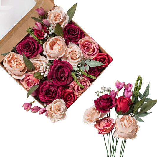 FANKO Rose Artificial Flowers Combo for DIY, Fake Red Rose Artificial Silk Flowers with Greenery