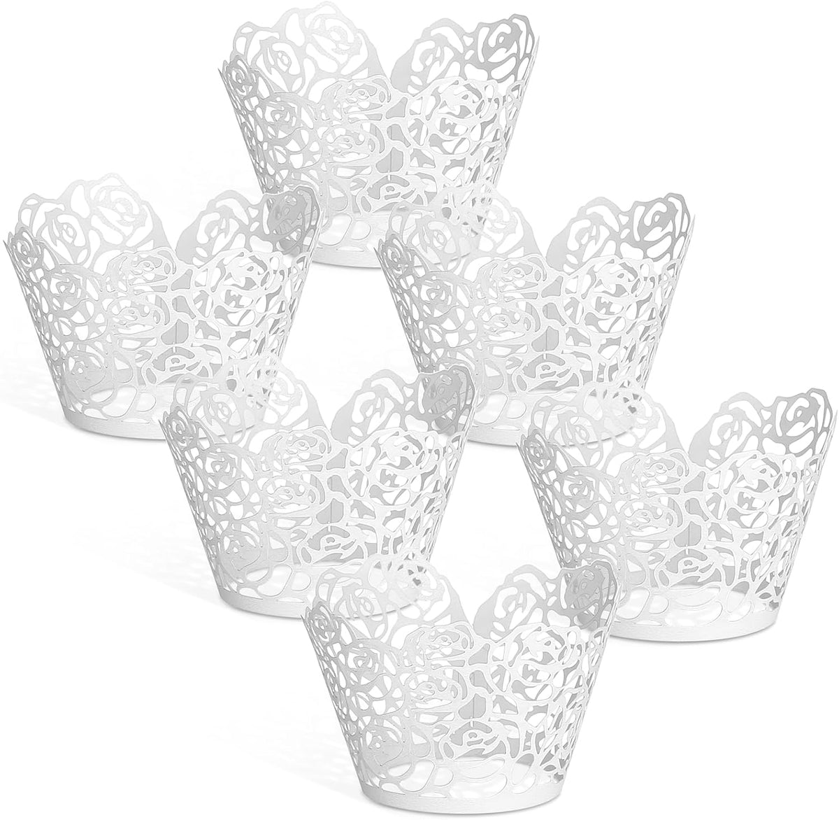 GWHOLE White Cupcake Wrappers, 50pcs Cupcake Liners with Rose Design Laser Cut Liners for Wedding
