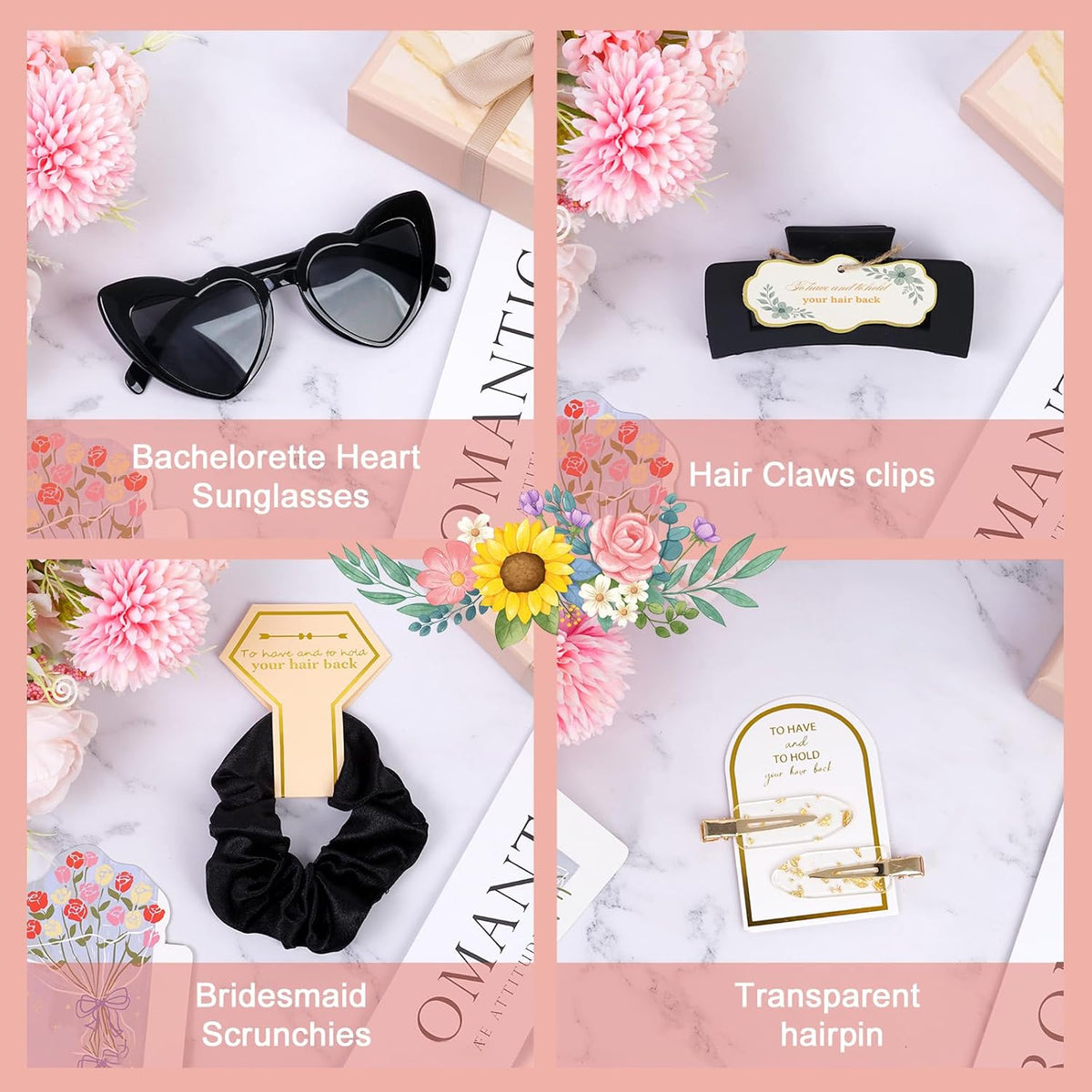 Black Bridesmaid Gift Box for Proposal, 8PCS Hair Claw, Scrunchies, Makeup Clips & Heart Sunglasses