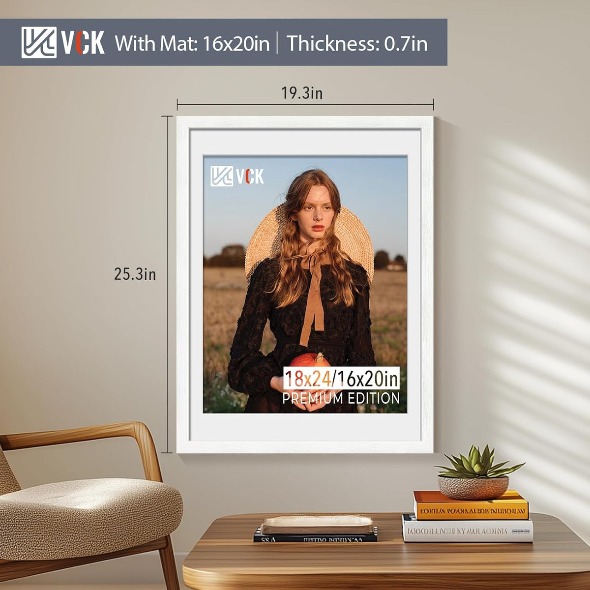 VCK 18x24 Frame 2 Pack, Exclusive Textured Solid Wood Poster Frame, Display Picture 16x20 with Mat