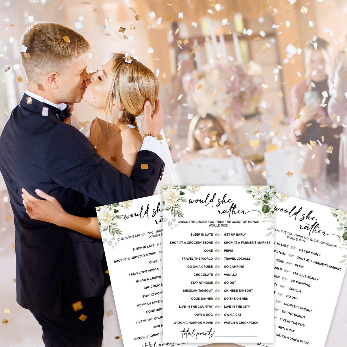 Eucalyptus Bridal Shower Games 30 Guests, Would She Rould Bridal Games for Showers, White Rose
