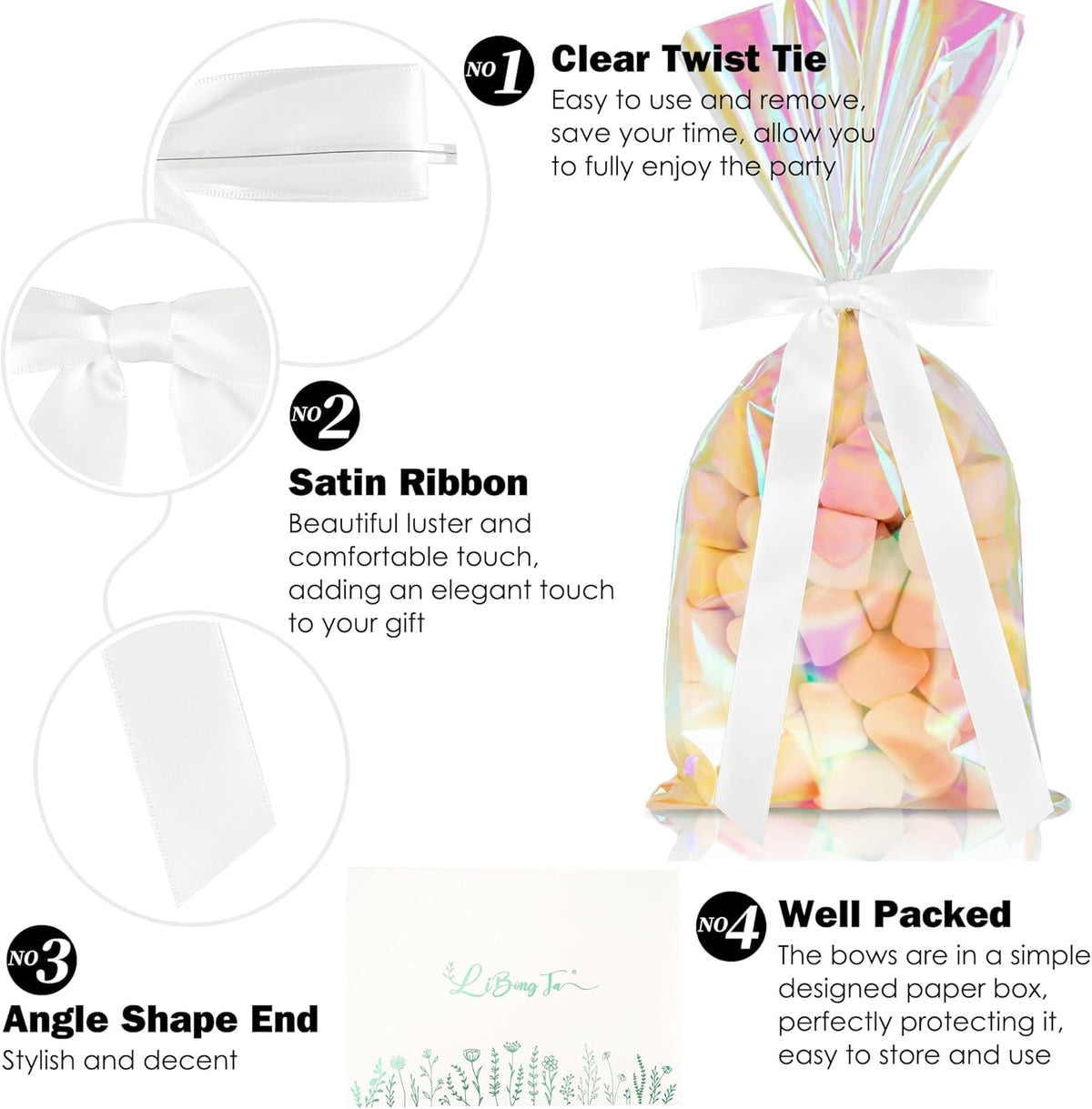 50 PCs White Bow Decor 5.5'' Satin Bows with Long Tail, Twist Tie Bows for Craft, Packaging Ribbon